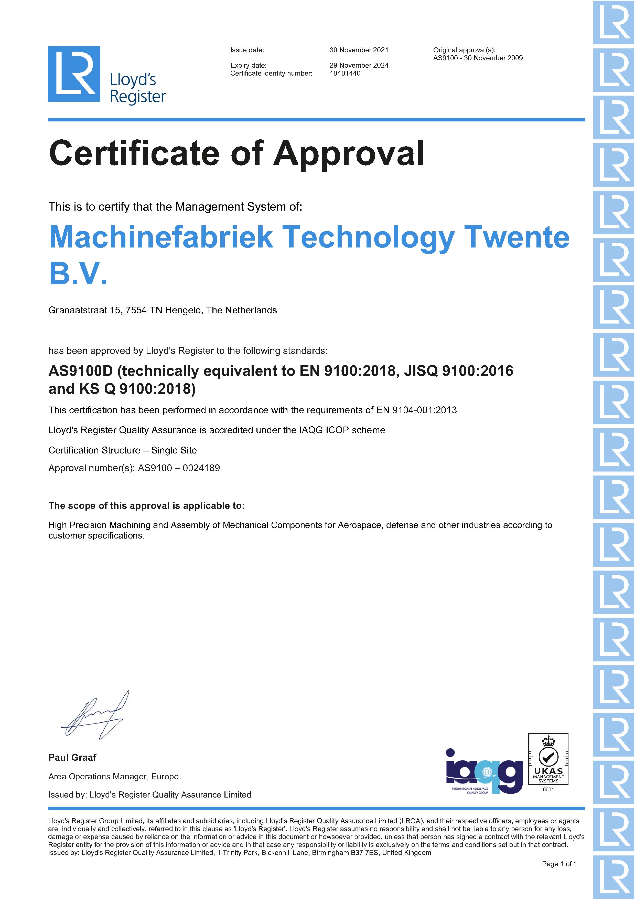 Certificaat TT AS9100D