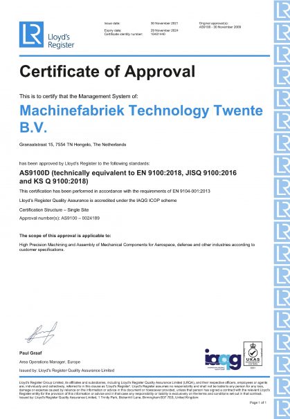 Certificaat TT AS9100D